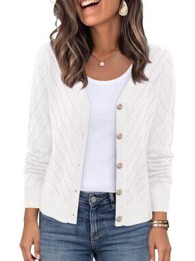 Women's White Cardigan V Neck Button Down Long Sleeve Diagonal Knit Sweaters